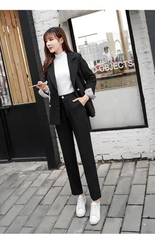 

Striped Sleeve Double Breasted Women Pant Suits Notched Blazer & High Waist Pencil Pant Solid Ol Style Female 2 Pieces Set 2019