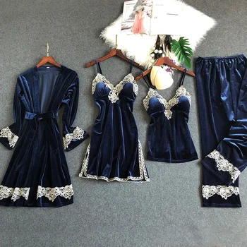 

Female Sexy Winter Velour Kimono Bathrobe Home Clothes 4PCS Bride Bridesmaid Wedding Robe Dressing Gown Lace Nightwear Sleepwear
