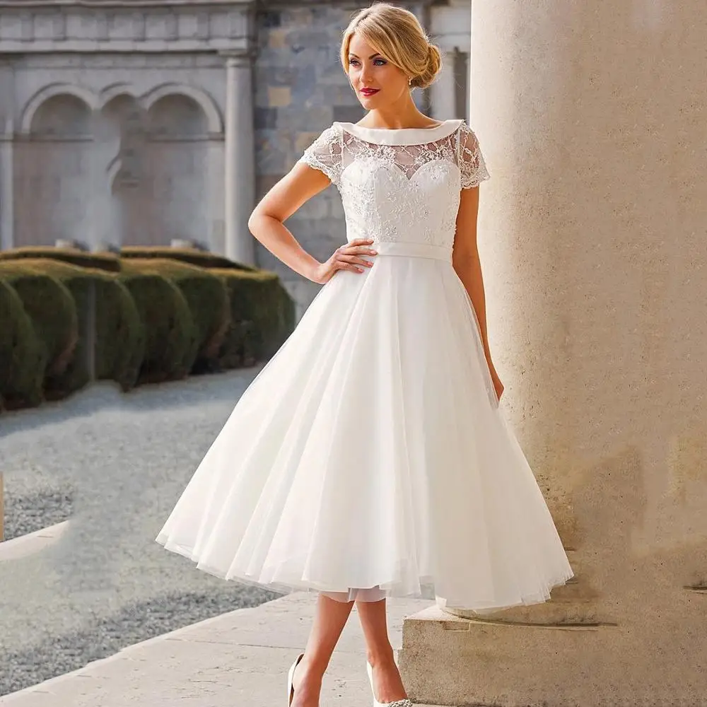 

Tea Length Wedding Dress Short Sleeve Appliques Scoop Neck Beading Short Bridal Gowns vestidos de novia
