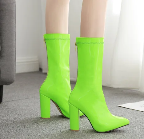Women's Mid Calf Boots Leather Booties Round Toe Chunky Heel Zipper Female Shoes Luxury Designer Rubber High Heel Mid-Calf Ladi