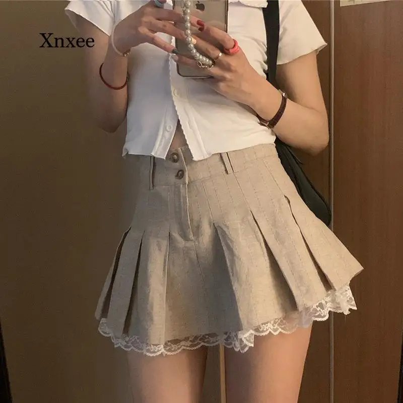 

Lace Short Skirt Korean Fashion Khaki Trim Cute Pleated Skirts Womens Preppy Style Button Up High Waist Sweet Summer Clothing