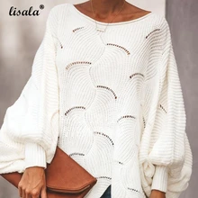LISALA Женский вязаный свитер с длинным рукавом-фонариком, однотонный свободный джемпер, Женский пуловер, вязаная мода, осень 4XL