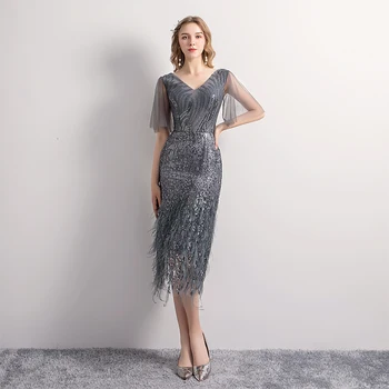 

BGW robe soiree longue deep v neck half seeves sequined evening dress zipper back