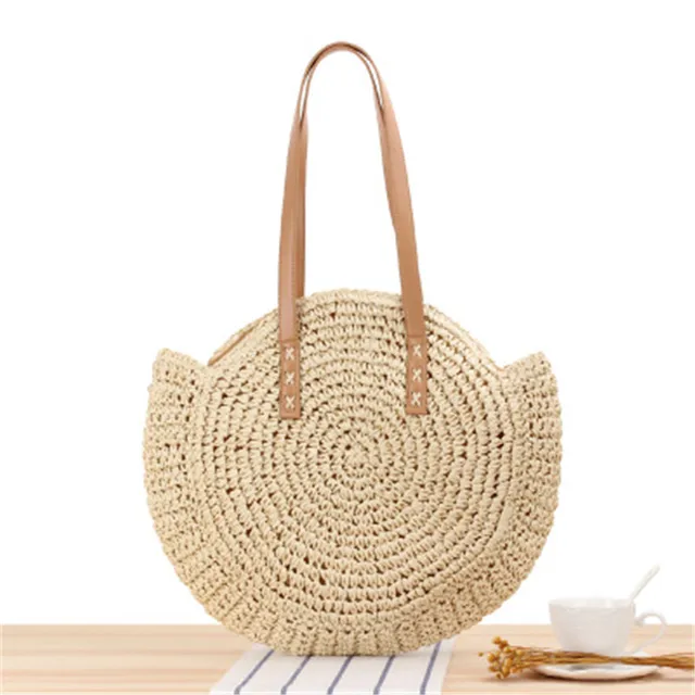 Large Capacity Round Zipper Fashionable Straw Woven Bag Handmade Summer Beach Travel Holiday Women Bags 6 Beige
