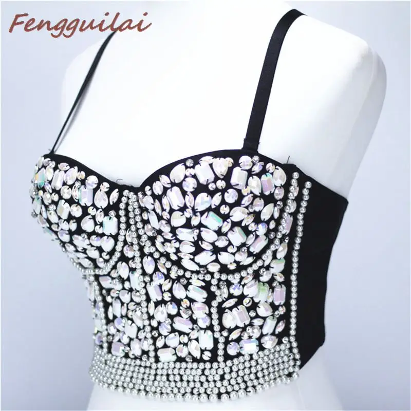 FENGGUILAI, новинка, фиолетовый, стразы, бисер, бюстье, жемчуг, бриллиант, пуш-ап, для ночного клуба, без косточек, женский бюстгальтер, укороченный топ, жилет размера плюс