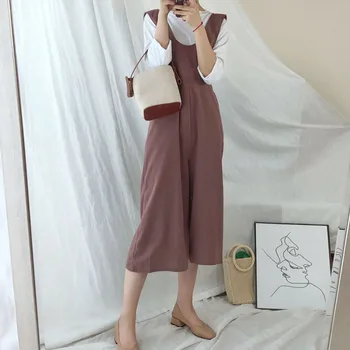 

Women Wide Legs Jumpsuit Korean Causal Solid Color 3/4 Long Jumpsuit Elegant Office Ladies Workwear Rompers Preppy Style