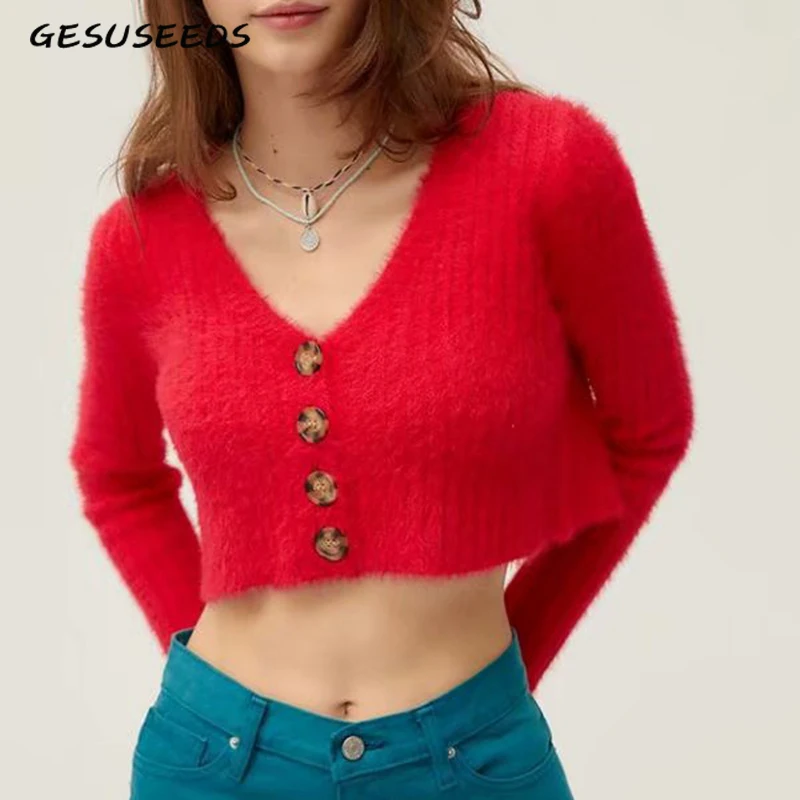

Fall 2019 cropped cardigan women crop sweater button ladies knitted sweater kawaii christmas sweater korean v neck sweaters red