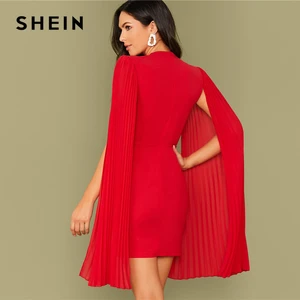 Image 2 - SHEIN rouge solide plissé Cape partie moulante robe sans ceinture femmes 2019 automne taille haute Cape manches Sexy crayon robes 