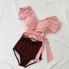 Женский купальник, сексуальный, с открытыми плечами, пуш-ап, купальник, с рюшами, с v-образным вырезом на спине, с поясом, из двух частей, бикини, с высокой талией, женский купальник