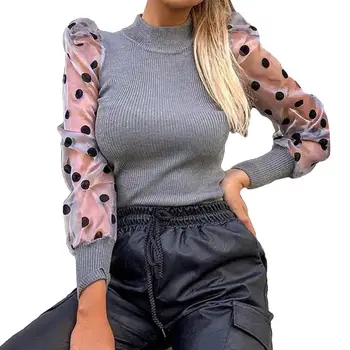 

2019 Casual Dot Print Mesh Puff Sleeve Transparent Knitted Sweater Pullover Fall Winter Women Turtleneck Sweater Ribbed Sweater