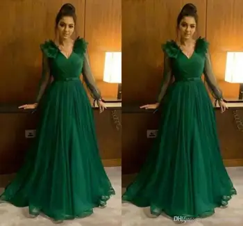 

Cute Emerald Green Long Sleeves Evening Bridesmaid Dress V neck Pleated Tulle Arabic Designer Prom Cheap Cocktail Party Pageant