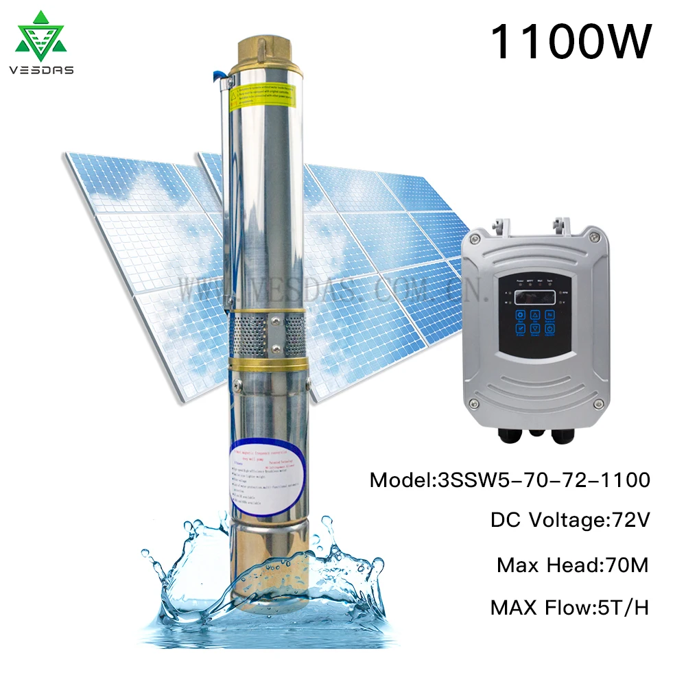 1100W Solar Pumpe Tauch DC 72V Tiefen Brunnen Wasserpumpe MAX 5 T/H 70M  Kopf Bürstenlosen mit permanent Magnet Synchron Motor