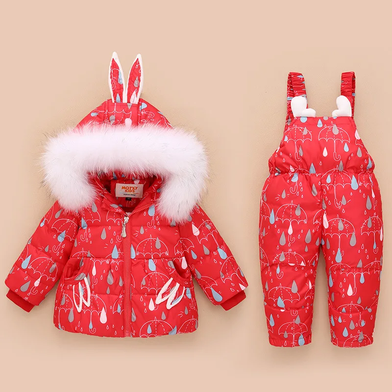 Комплект одежды для детей, зимняя теплая одежда для маленьких мальчиков детские лыжные комбинезоны пуховики для девочек, верхняя одежда, пальто+ комбинезон - Цвет: Красный