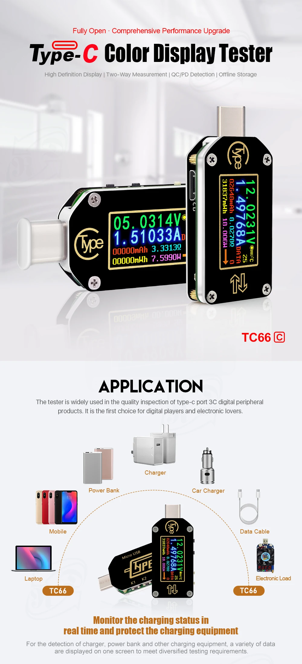 RD TC66/TC66C тип-c PD триггер USB-C Вольтметр Амперметр Напряжение 2 способ измеритель тока мультиметр PD зарядное устройство батарея USB Тестер
