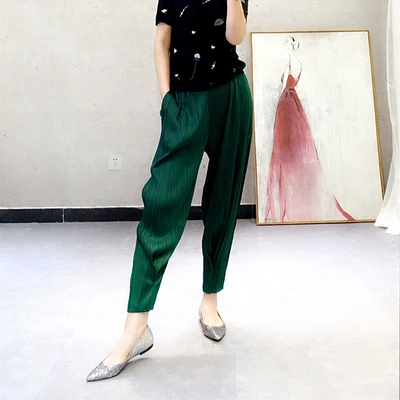 dark green Miyake Новые повседневные штаны-шаровары женские тонкие свободные тонкие штаны шаровары - Цвет: dark green