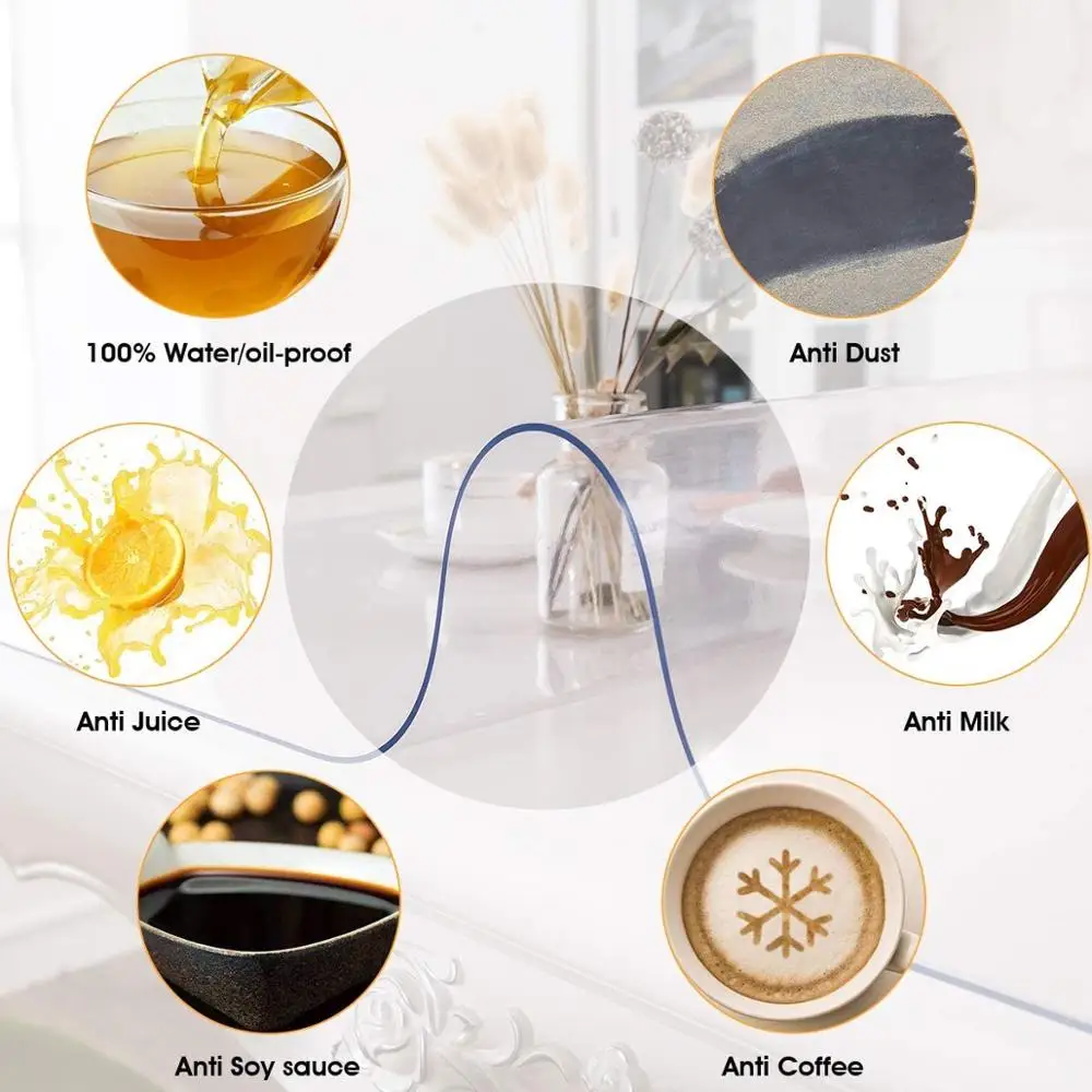 Waterproof Oilproof Round PVC Tablecloth able Cover Glass Soft Cloth Table Cover Home Kitchen Dining Room Placemat 1mm 3