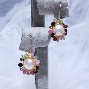 

natural tourmaline super light pure fresh water pearl earring Bird's Nest earring