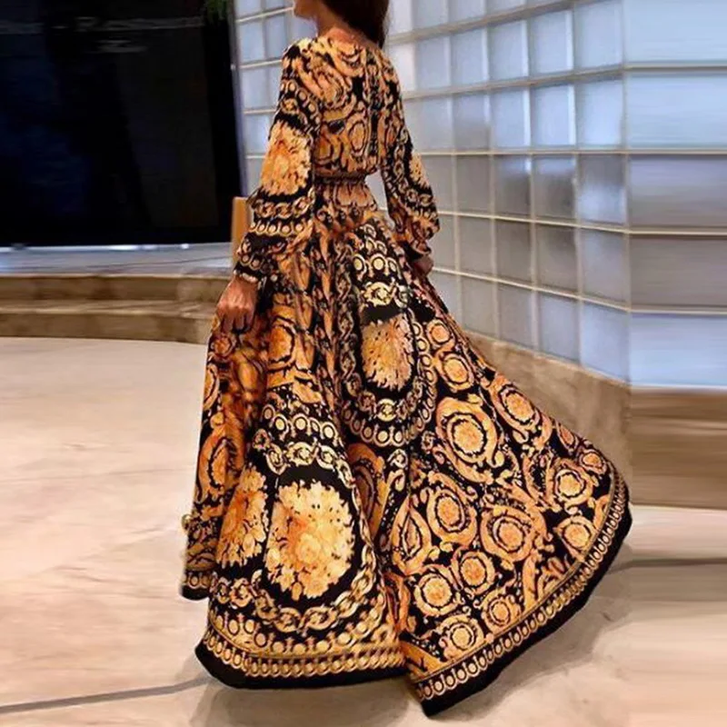 Женское длинное платье с принтом, с глубоким v-образным вырезом, золотые, цветочные, Макси Вечерние платья с длинным рукавом, повседневное богемное Свободное длинное платье Vestidos