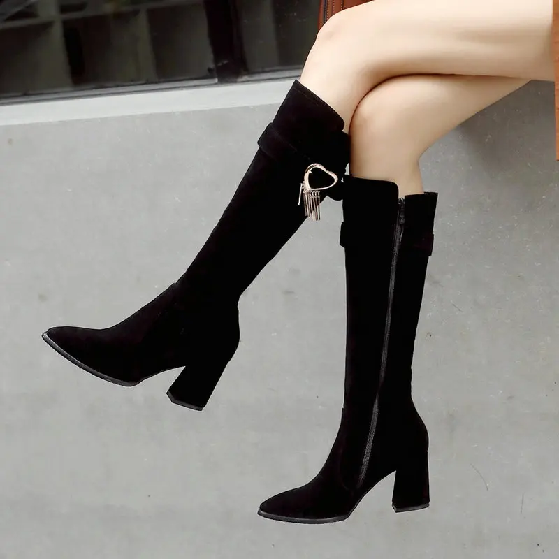 

2018 Women Knee High Boots Flock Leather Tick High Heels Zipper Boots Pointed Toe Autumn and Winter Woman Shoes Plus Size 34-43