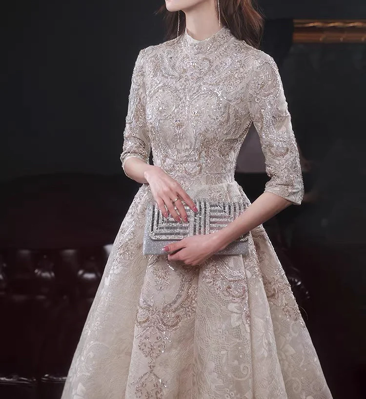 Luxury Champagne Lace Long Evening Dresses Half Sleeves Beaded Elegant Formal High Neck A-Line Wedding Celebrity Prom Gowns New