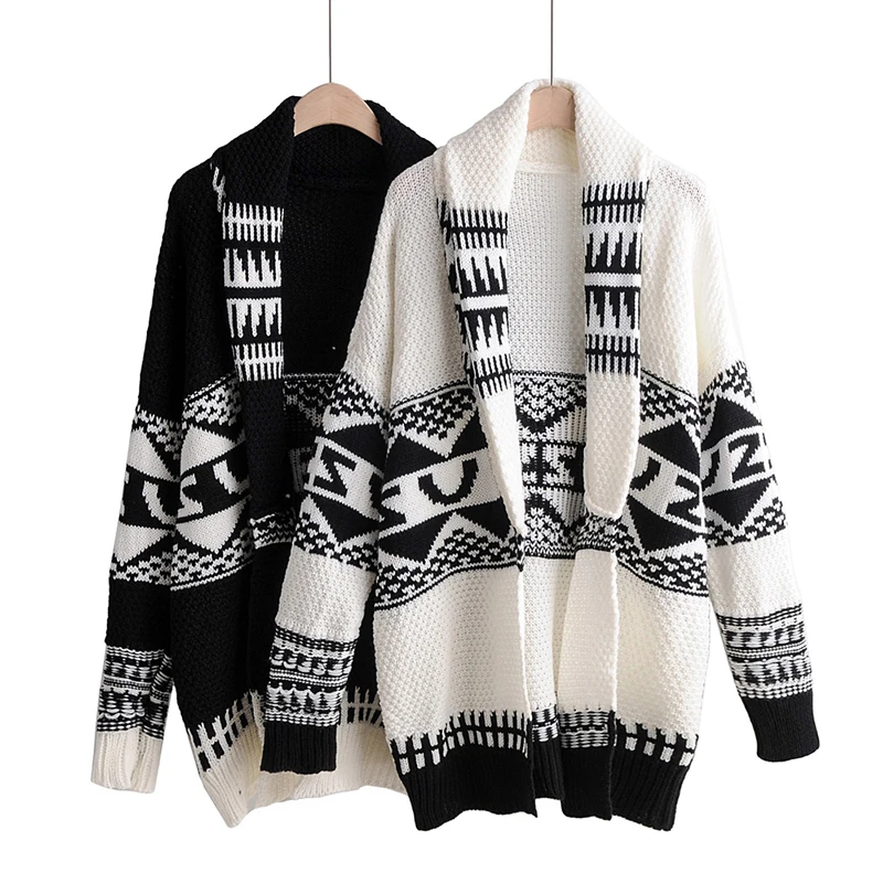 ^Cheap Women Autumn Winter Sweater Knitted Turn Down Collar Printing Cardigan Long Casual Female Sweaters