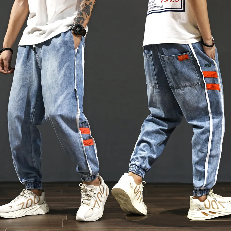 

Japanese Vintage Fashion Men Jeans Loose Fit Stripe Spliced Cargo Pants Designer Streetwear Hip Hop Jeans Men Harem Trousers