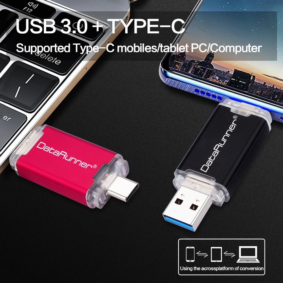 USB флеш-накопитель DataRunner 3,0, USB флеш-накопитель TYPE-C, 512 ГБ, 256 ГБ, 128 ГБ, 64 ГБ, 32 ГБ, USB флешка 3,0 OTG, флешка для Android/PC