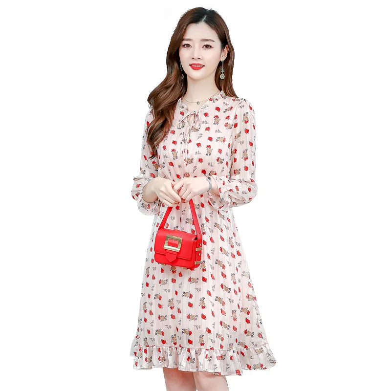 

Women'S Dresses 2020 Spring Summer New Retro Print Lace Up Small Fresh Long Sleeves Was Thin Temperament Long Chiffon Dress XL L