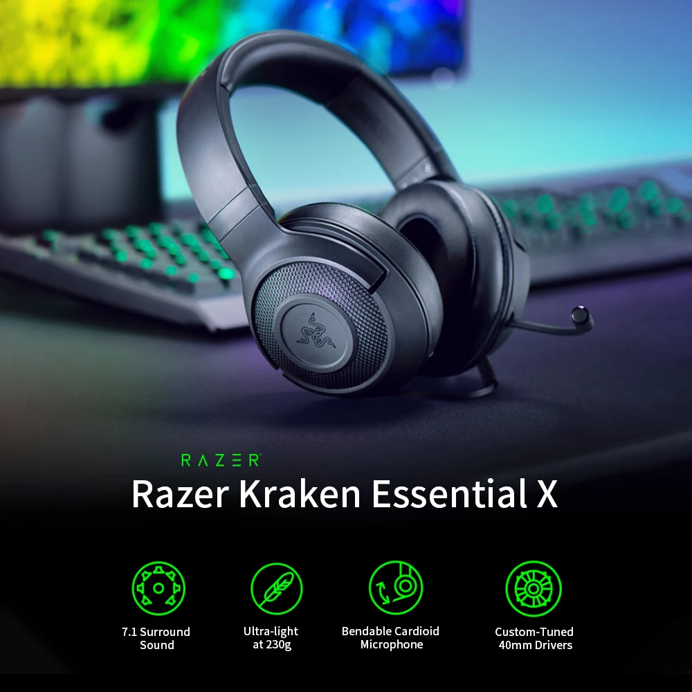Razer Kraken эфирные X Игровые наушники 7,1 объемный звук ультра-легкий гибкий кардиоидный микрофон