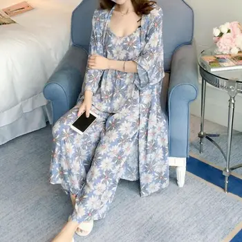 

Autumn Women Floral Print Pajamas Set Long Sleeve Cardigan+Sleeveless Vest+Pants Sleepwear Nightsuit