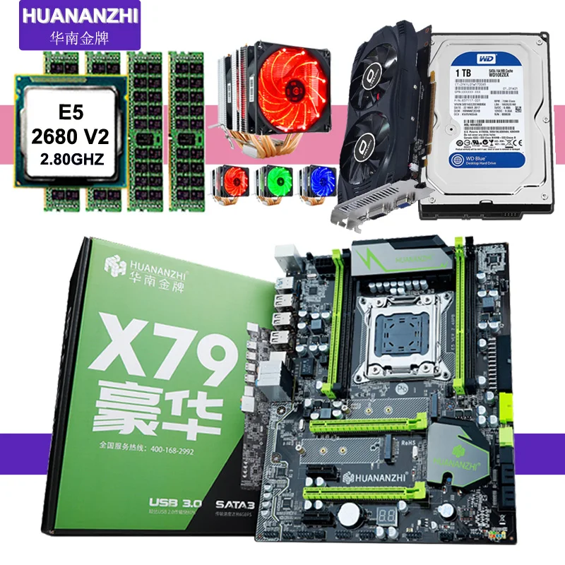 ^Cheap HUANANZHI X79 motherboard CPU Xeon E5 2680 V2 with 6 heatpipes cooler RAM 16G RECC 1TB 3.5' SATA HDD video card GTX750Ti 2G DDR5
