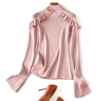 

Autumn winter women girls cute pink sweater ruffles shoudler turtleneck long sleeve lurex knitted pullovers blue 2019 new