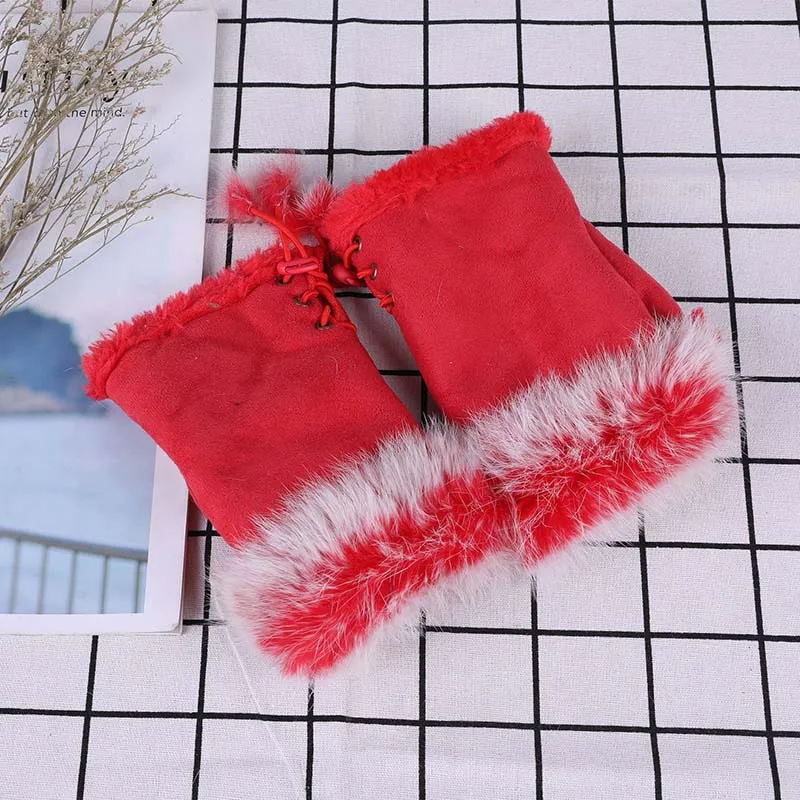 red Новые женские бархатные теплые перчатки из кроличьего меха, Модные леопардовые и однотонные флисовые перчатки на половину пальцев - Цвет: red