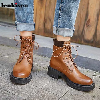 

Lenkisen genuine leather motorcycles boots lace up round toe med heels fashion leisure winter keep warm women ankle boots L2f3