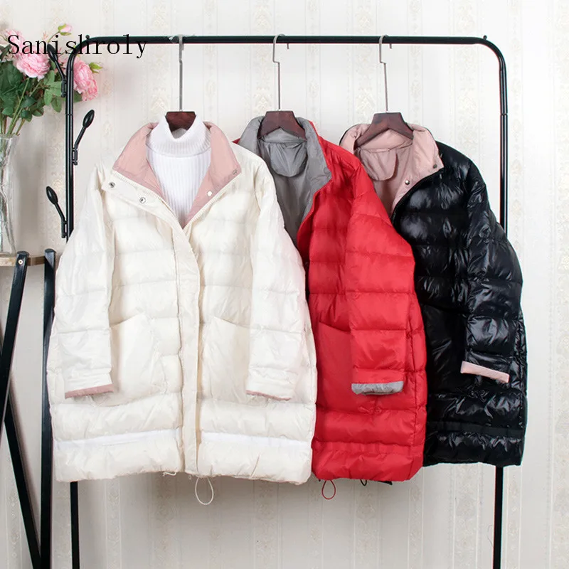 

Sanishroly New Women Midi Long Winter Coat Warm Thicken White Duck Down Jacket Parka Female A-Line Loose Oversize Outwears S1052
