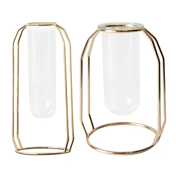 

2 Pcs Nordic Glass Cuvette Vase Modern Gold Plated Iron Flower Vase Fashion Plant Vase Creative Terrarium Room Home Wedding Deco