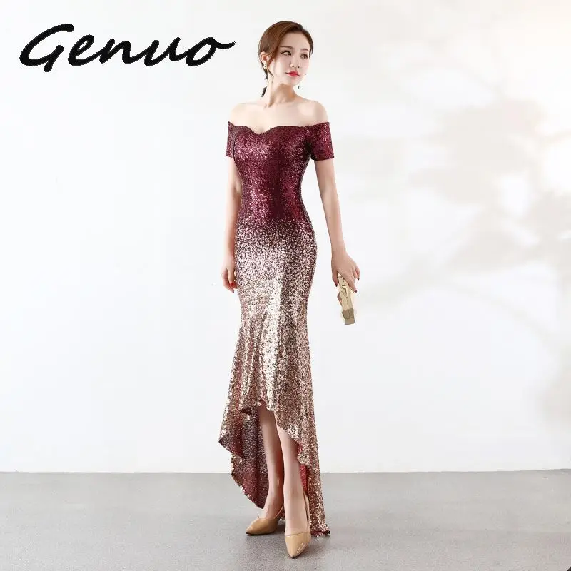 Genuo, новинка, Vestidos De Baile, сексуальные платья для вечеринок,, вырез лодочкой, подлинный, с блестками, ассиметричное, на заказ, Вечерние платья Русалка