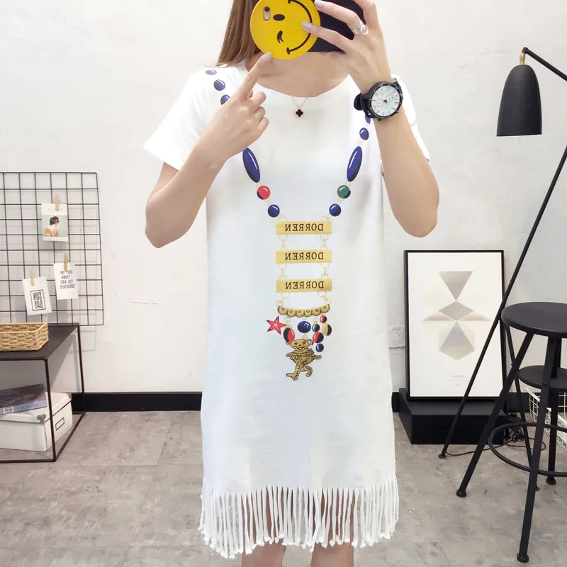 

2019 on New Style Summer Korean-style Mid-length Tassels Dress Girl'S Loose-Fit Slimming Versatile Short-sleeve Dress Sleeves