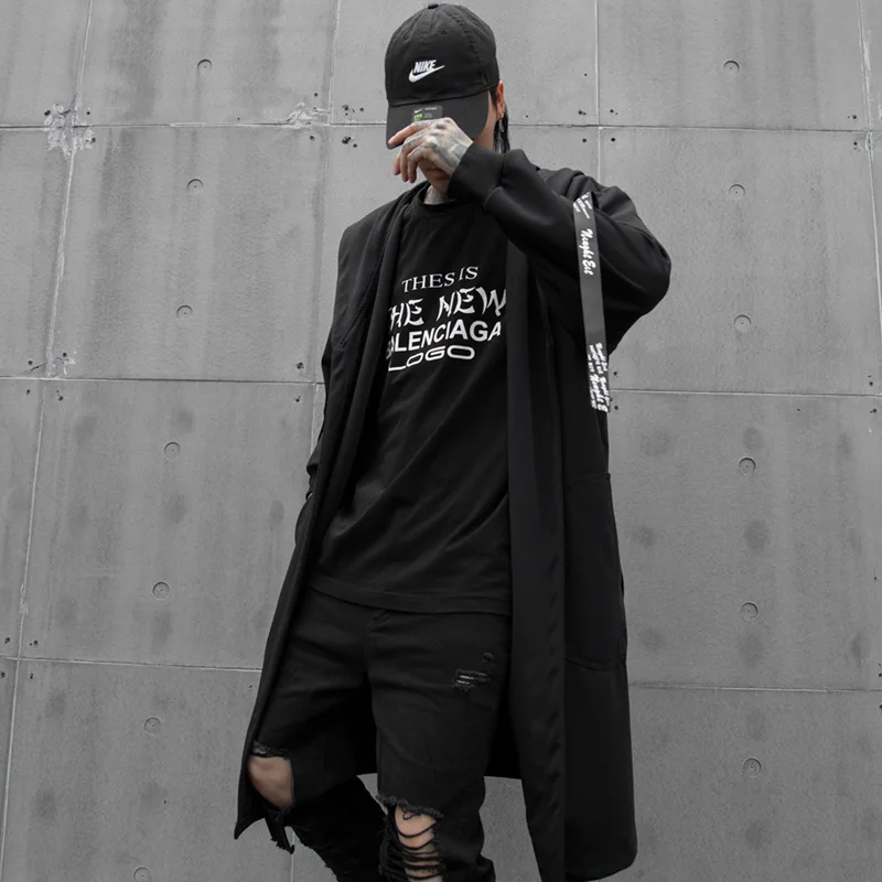

Men Loose Ribbon Splice Long Hooded Trench Coat Cloak Jacket Cardigan Male Streetwear Hip Hop Punk Gothic Outwear Windbreaker