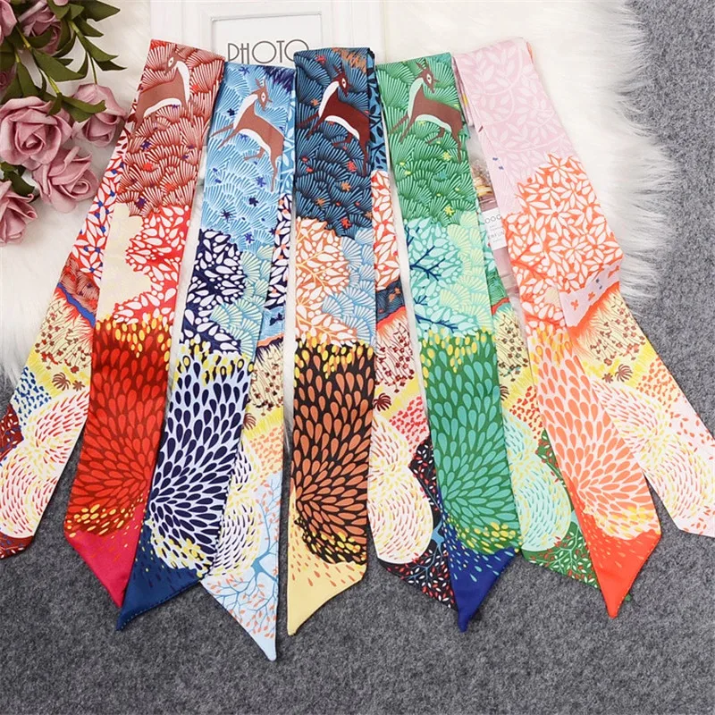 

Deer In The Jungle Bag Scarf 2019 Design Silk Scarf Women Headband Fashion Scarves For Ladies Skinny Neckerchief Head Scarf