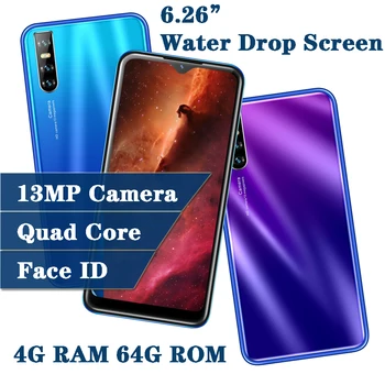 

F2 Pro Global smartphones Quad Core 4GB RAM 64GB ROM face ID unlocked celulars 2sim water drop screen 13MP android mobile phones