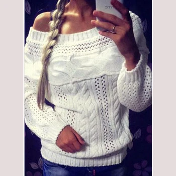 

Explosion models collar flower hollow winter sweater loose large size lantern sleeves off-the-shoulder women's pullovers 17134