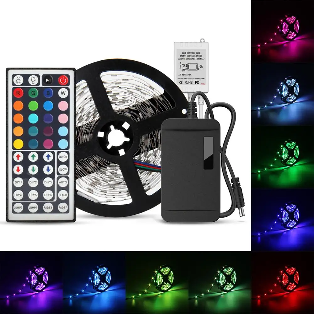 

20 Colors LED Strips Lights Kit 5M SMD5050 150LEDs Flexible RGB LED Strips with 44 Keys IR Remote Controller 24W Power Adapter