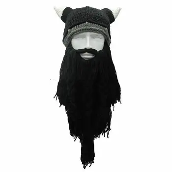 

2020 Funny Men's Hat Viking Knitted Wig Long Beard Horn Hat Vagabond Barbarian Crazy Ski Cap Beanie Halloween