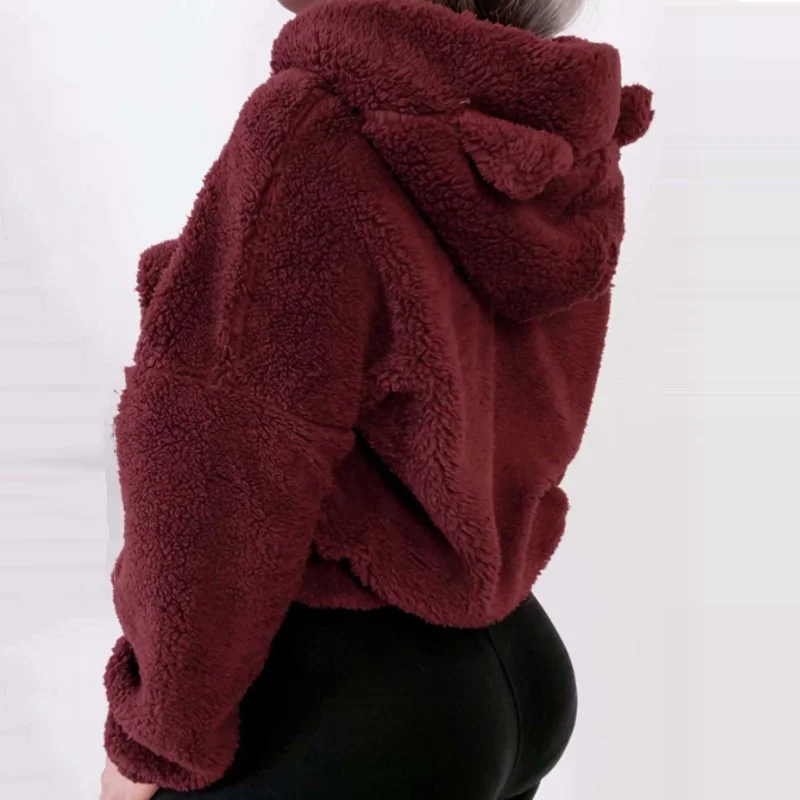 Cena Bluza z kapturem z uszami krótki top krótki damski sweter z długim rękawem nowa biała jesienno zimowa pluszowa odzież damska