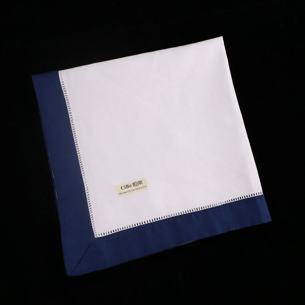 N037-DB-20: 12pieces White Hemstitch Dinner Napkins Dark Blue hem Ramie Cotton Blend Ladder table linen | Дом и сад