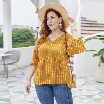 

Plus size women's fashion hot style summer fat ladies new products are thin V-neck striped shirt