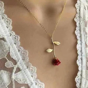 

2019 Fashion Red Rose Flower Pendant Necklac Girl's Golden Plant Necklace Anniversary Lover Charm Party Jewelry Gift