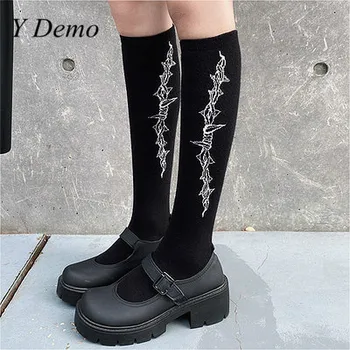 

Y Demo Harajuku Elastic Socks Women Gothic Thorns Print Rock Streetwear Black Long Stocking Female 2020 Tide