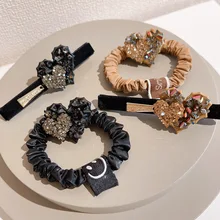 

Rhinestone Velvet Hair Tie Clip for Women Girl Heart Elastic Bands Rubber Korean Cute Accessories Handmade Wholesale